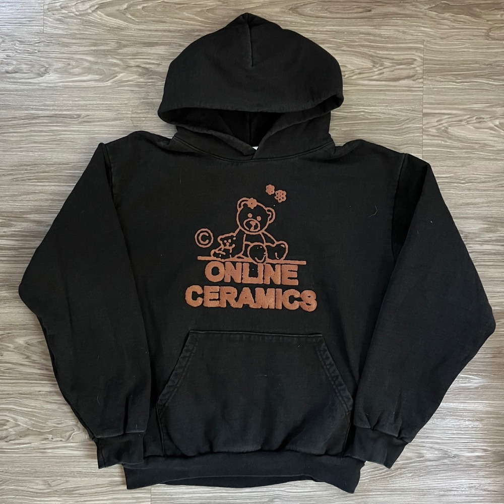 Online Ceramics Teddy Bear Puff Print Hoodie Mens Large Black Streetwear Casual